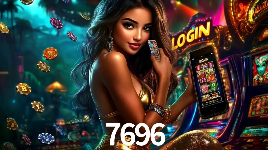 Mulher em um cenário de cassino temático de aventura, mostrando o app de caça-níqueis da 7696 no celular. Fichas de apostas flutuam ao redor.